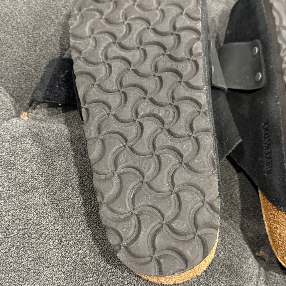 Birkenstock Black Suede Slides with Tan Footbed - Picture 5 of 7